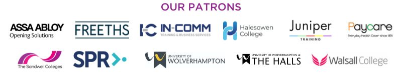 Text aligned at the top of the image in the centre titled "OUR PATRONS" in block capitals. Underneath are 2 rows of logos of the Black Country Chamber of Commmerce Patron Group. Row 1 from left to right: ASSA ABLOY Opening Solutions UK & Ireland, Freeths, In-Comm Training, Halesowen College, Juniper Training & Paycare. Row 2 from left to right: The Sandwell Colleges, Starting Point Recruitment (SPR), The University of Wolverhampton, The University of Wolverhampton at The Halls and Walsall College
